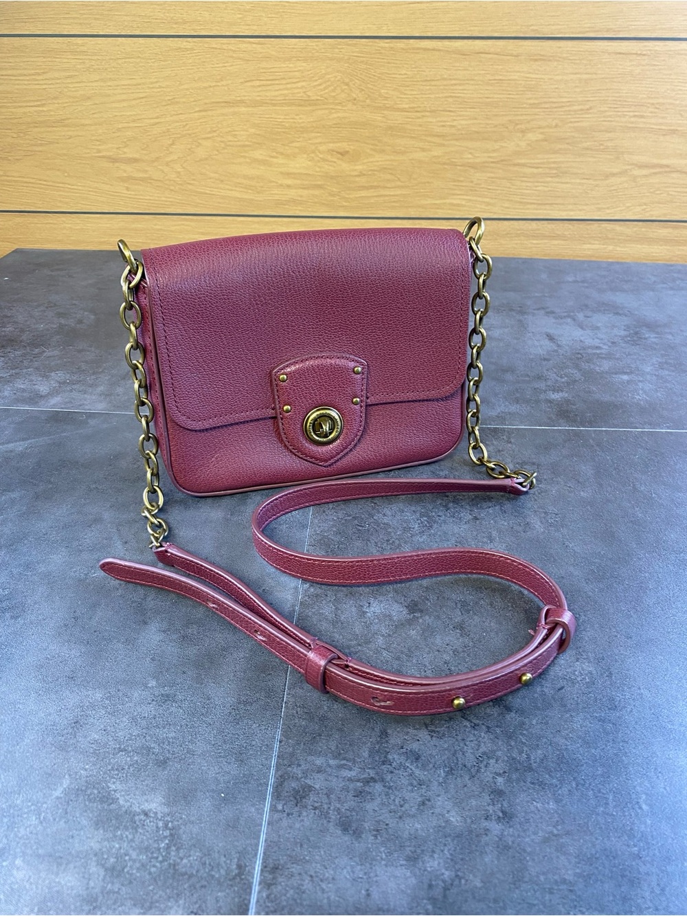Ralph Lauren Millbrook Burgundy Pebbled Leather Crossbody w/Gold Chain-CLEAN